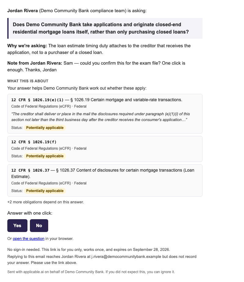 Screenshot of the email a colleague receives: who is asking, what the question is about, and Yes and No buttons.