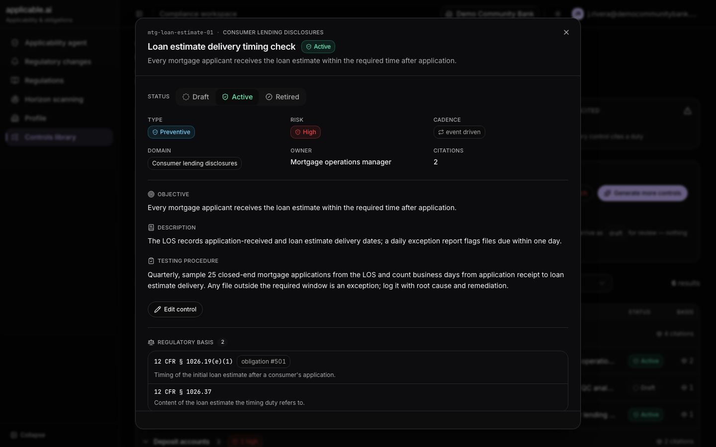 Screenshot of the controls library with one control open, showing its owner, cadence, testing procedure and regulatory basis.