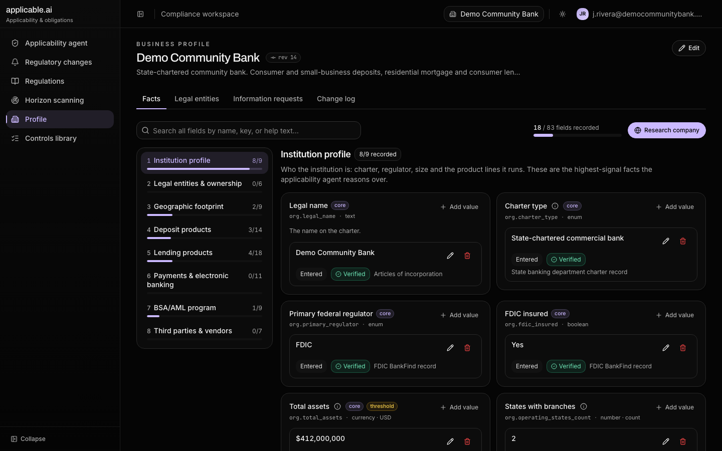 Screenshot of the profile facts for the fictional Demo Community Bank: charter type, regulator, FDIC status, total assets, branch footprint and product lines.