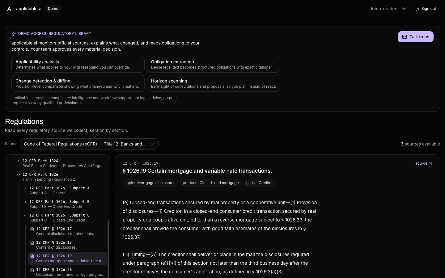 Screenshot of the regulations browser in a view-only account: a source picker, the section tree on the left and one section open on the right.